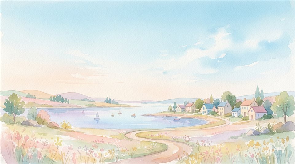 Watercolor illustration of calm minimal landscape with plenty of empty space for text, wide shot with open space at the top for text, soft pastel colors, bright and cozy, 16:9 aspect ratio