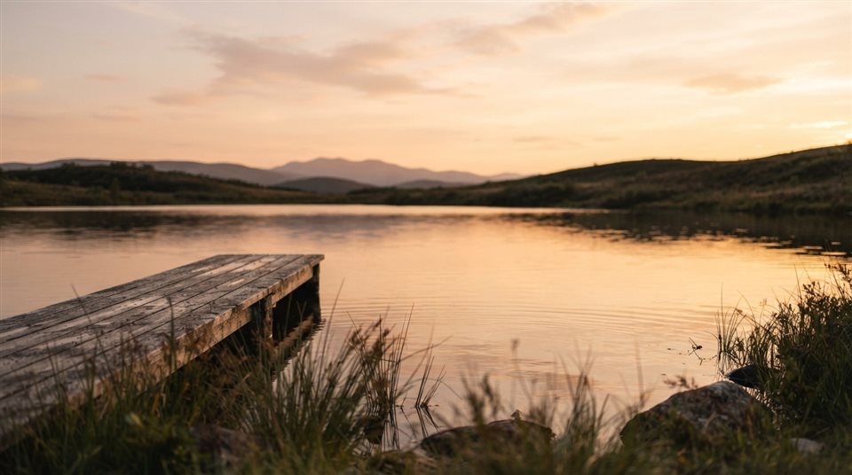 Photorealistic photo of calm minimal landscape with plenty of empty space for text, close-up detail with shallow depth of field, warm golden light, calm mood, 16:9 aspect ratio
