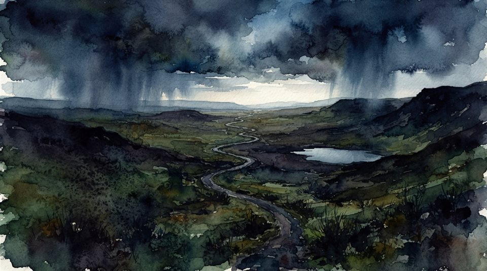 Watercolor illustration of calm minimal landscape with plenty of empty space for text, high-angle view from above, moody dark tones, dramatic lighting, 16:9 aspect ratio