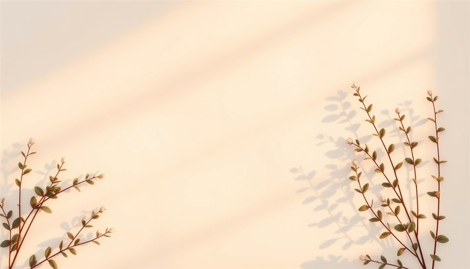Photorealistic photo of A minimalist aesthetic background with soft watercolor gradients and delicate botanical shadows., high-angle view from above, warm golden light, calm mood, 16:9 aspect ratio