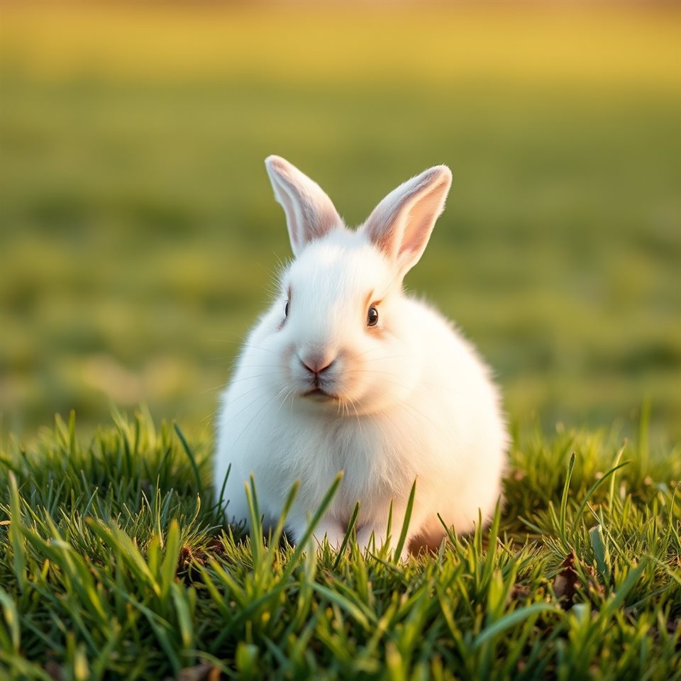 Photorealistic photo of A fluffy white rabbit sitting softly on a patch of fresh green grass., wide shot with open space at the top for text, warm golden light, calm mood, 1:1 aspect ratio