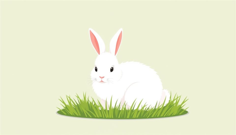 Minimal flat illustration of A fluffy white rabbit sitting softly on a patch of fresh green grass., centered subject with a simple uncluttered composition, soft pastel colors, bright and cozy, 16:9 aspect ratio