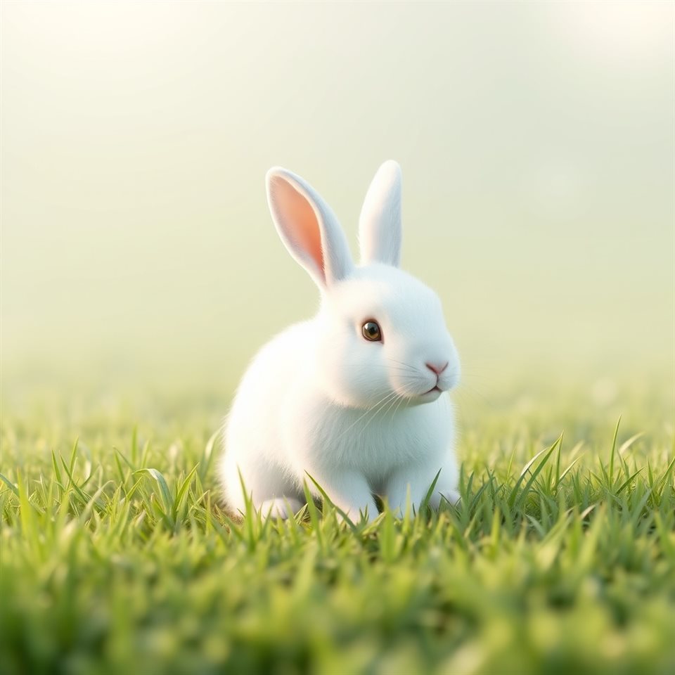 Soft 3D render of A fluffy white rabbit sitting softly on a patch of fresh green grass., wide shot with open space at the top for text, misty morning haze, dreamy, 1:1 aspect ratio