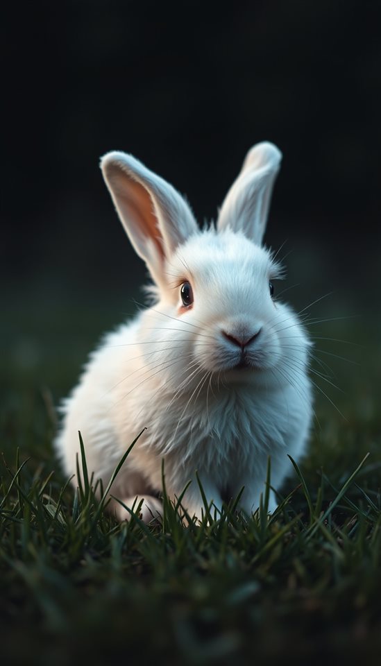 Photorealistic photo of A fluffy white rabbit sitting softly on a patch of fresh green grass., close-up detail with shallow depth of field, moody dark tones, dramatic lighting, 9:16 aspect ratio
