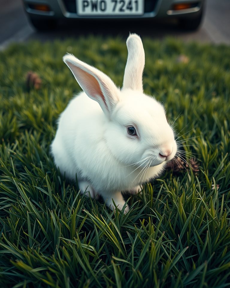 Cinematic film still of A fluffy white rabbit sitting softly on a patch of fresh green grass., high-angle view from above, vivid colors, high contrast, energetic, 4:5 aspect ratio