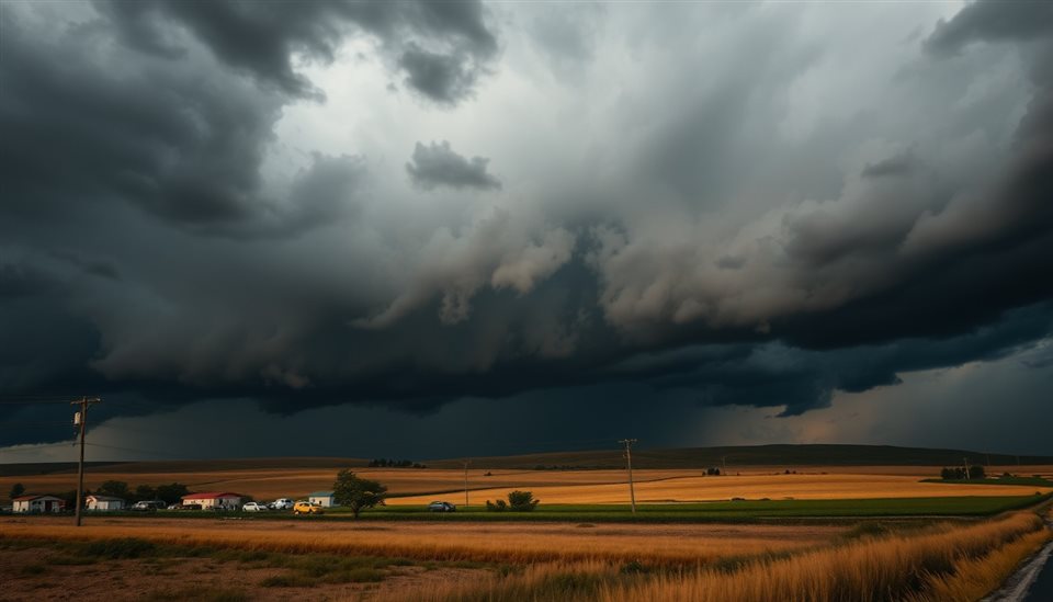 Photorealistic photo of Dark, heavy storm clouds gathering dramatically over a moody landscape, close-up detail with shallow depth of field, warm golden light, calm mood, 16:9 aspect ratio