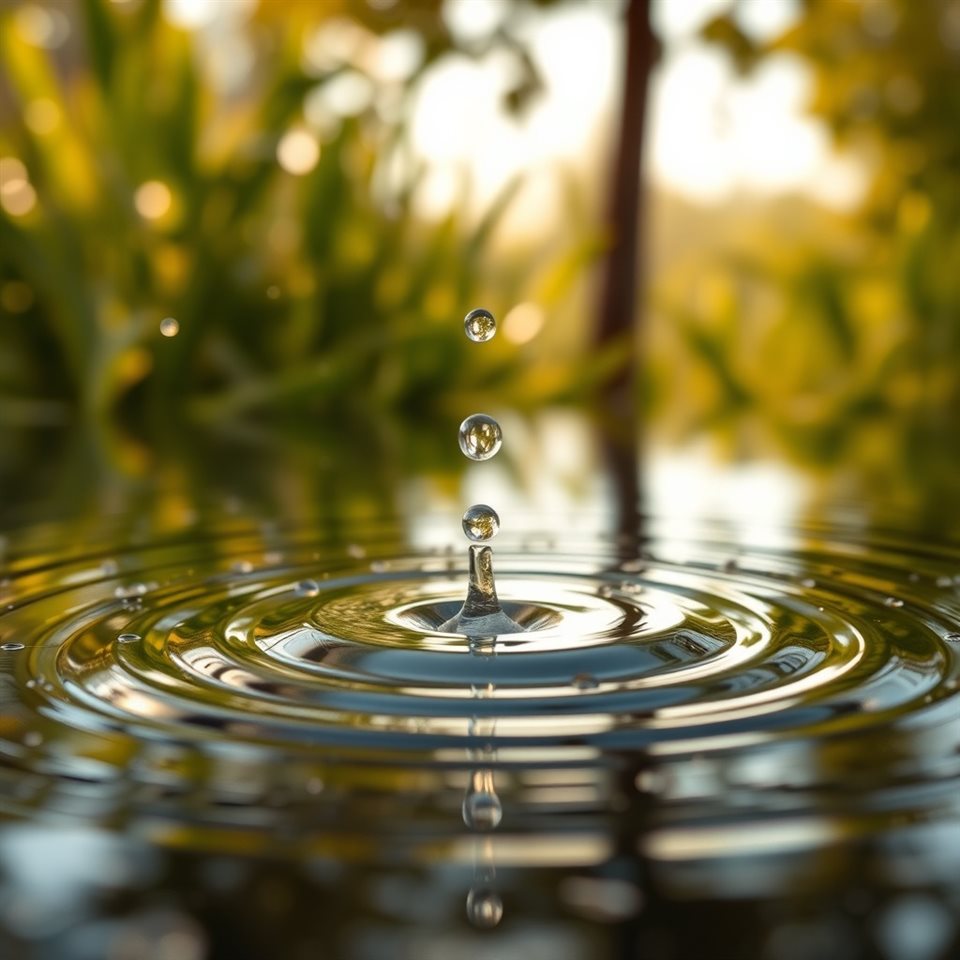 Photorealistic photo of Raindrops creating ripples on a calm puddle with blurred green foliage in the background., centered subject with a simple uncluttered composition, warm golden light, calm mood, 1:1 aspect ratio