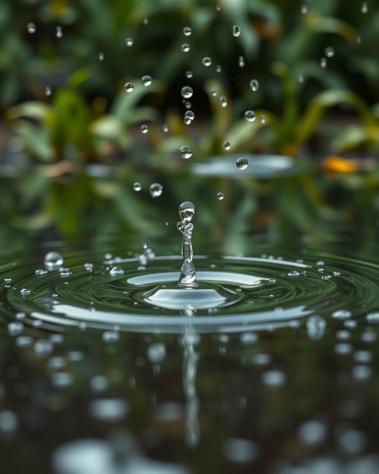 Cinematic film still of Raindrops creating ripples on a calm puddle with blurred green foliage in the background., close-up detail with shallow depth of field, vivid colors, high contrast, energetic, 4:5 aspect ratio