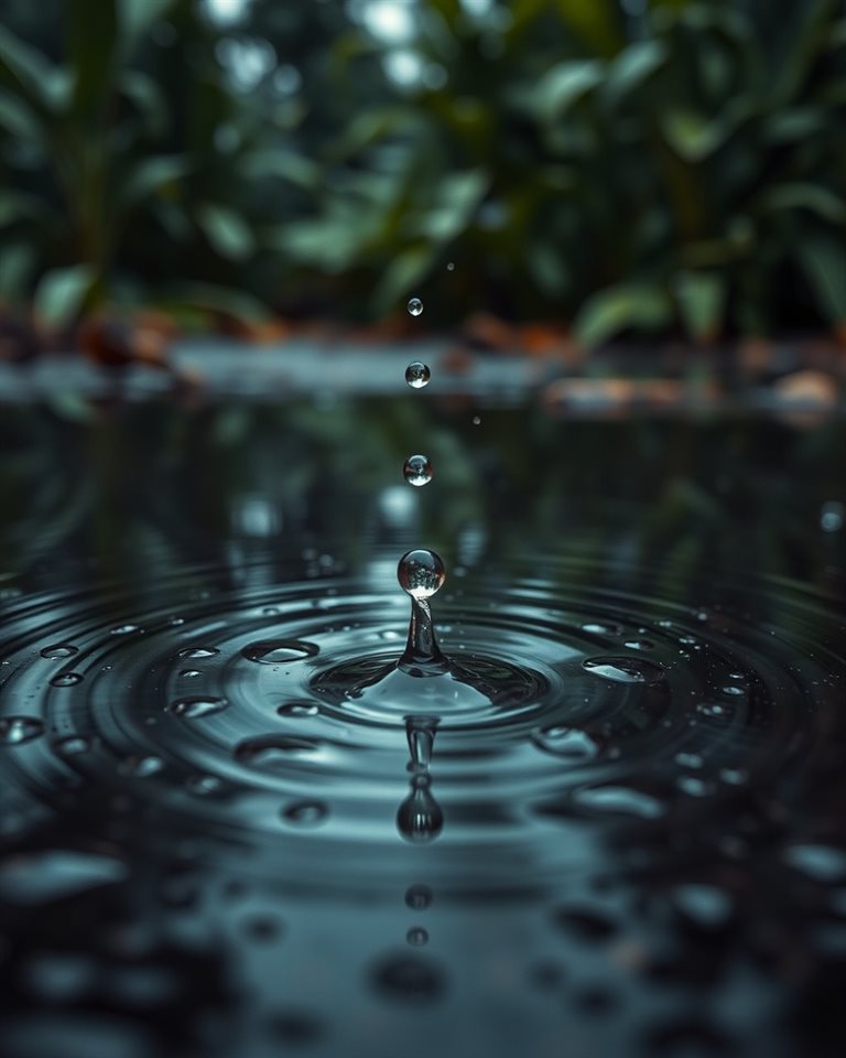 Photorealistic photo of Raindrops creating ripples on a calm puddle with blurred green foliage in the background., close-up detail with shallow depth of field, moody dark tones, dramatic lighting, 4:5 aspect ratio