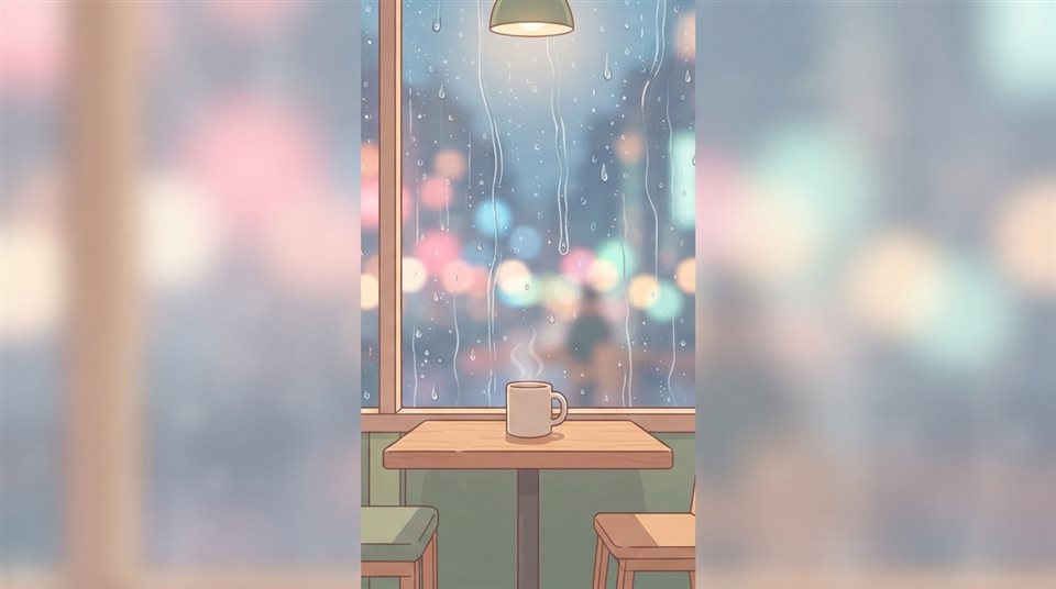 Minimal flat illustration of Vertical smartphone wallpaper of a cozy cafe window streaming with raindrops, soft bokeh city lights in the background, centered subject with a simple uncluttered composition, soft pastel colors, bright and cozy, 16:9 aspect ratio