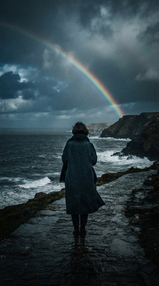 Cinematic film still of rainbow after the rain, centered subject with a simple uncluttered composition, moody dark tones, dramatic lighting, 9:16 aspect ratio