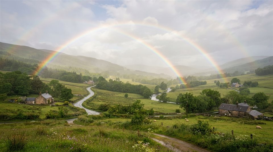 Photorealistic photo of rainbow after the rain, wide shot with open space at the top for text, misty morning haze, dreamy, 16:9 aspect ratio