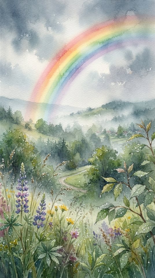 Watercolor illustration of rainbow after the rain, close-up detail with shallow depth of field, misty morning haze, dreamy, 9:16 aspect ratio