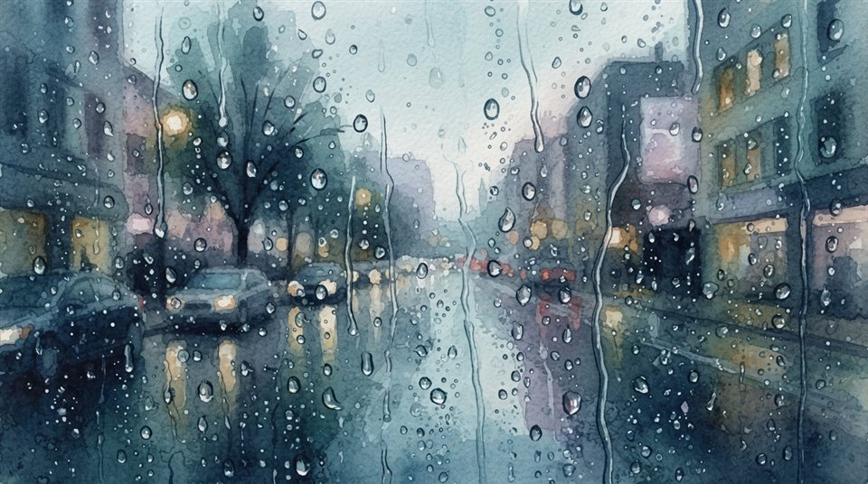 窗戶上落下雨滴，背景為模糊的城市景觀，水彩插畫，特寫細節伴隨淺景深，冷藍色調，寧靜的氣氛，16:9比例