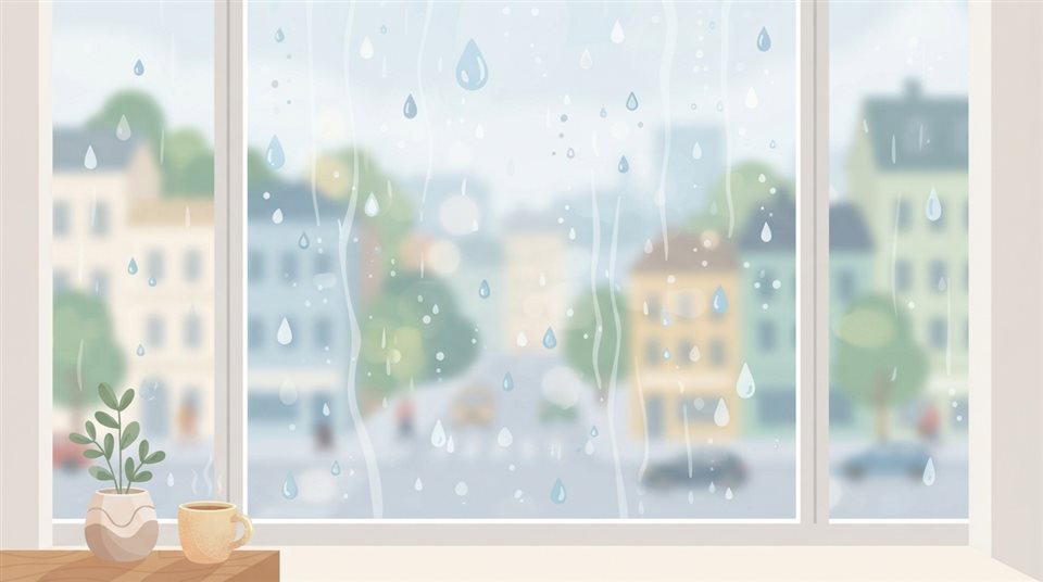 窗戶上落下雨滴，背景為模糊的城市景觀，極簡扁平插畫，主體置於中央且構圖簡單清爽，柔和的粉嫩色彩，明亮且溫馨，16:9比例