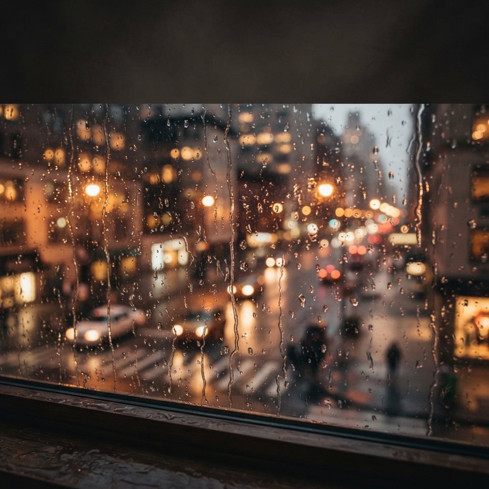 窗戶上落下雨滴，背景為模糊的城市景觀，寫實照片，上方有留白空間可供文字使用，溫暖的黃金光線，平靜的氛圍，1:1比例