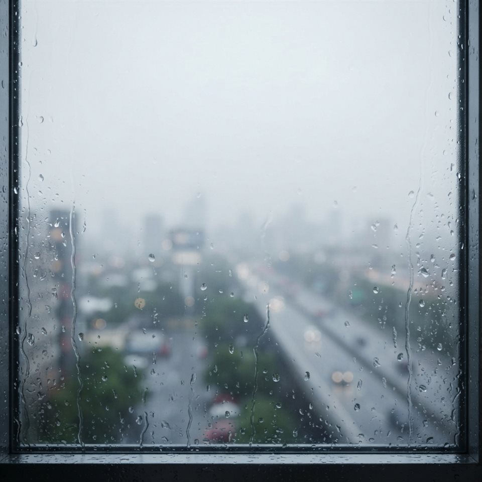窗戶上落下雨滴，背景為模糊的城市景觀，柔和3D渲染，上方有留白空間可供文字使用，晨霧迷濛，夢幻氛圍，1:1比例