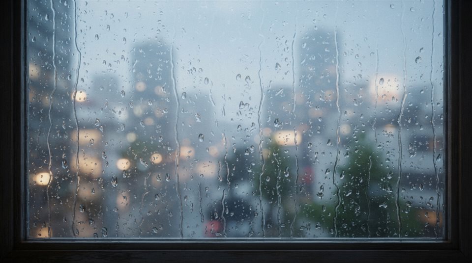 Renderização 3D suave de gotas de chuva caindo em uma vidraça com uma vista urbana desfocada ao fundo, assunto centralizado com uma composição simples e limpa, névoa matinal suave, sonhador, proporção 16:9