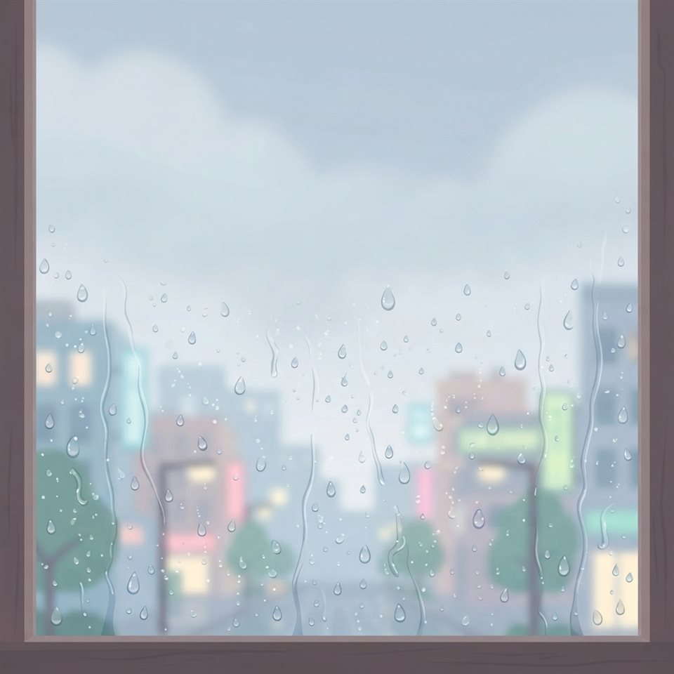 窗戶上落下雨滴，背景為模糊的城市景觀，極簡扁平插畫，上方有留白空間可供文字使用，柔和的粉嫩色彩，明亮且溫馨，1:1比例