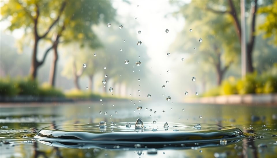 Soft 3D render of Raindrops falling onto a clear puddle on a street with blurred green foliage in the background, wide shot with open space at the top for text, misty morning haze, dreamy, 16:9 aspect ratio