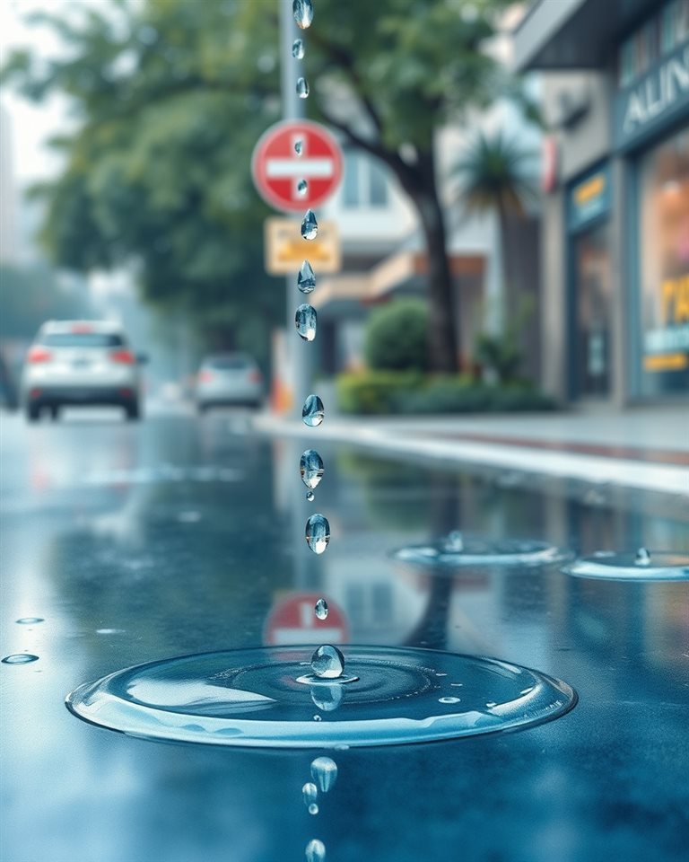 Watercolor illustration of Raindrops falling onto a clear puddle on a street with blurred green foliage in the background, close-up detail with shallow depth of field, cool blue tones, quiet atmosphere, 4:5 aspect ratio