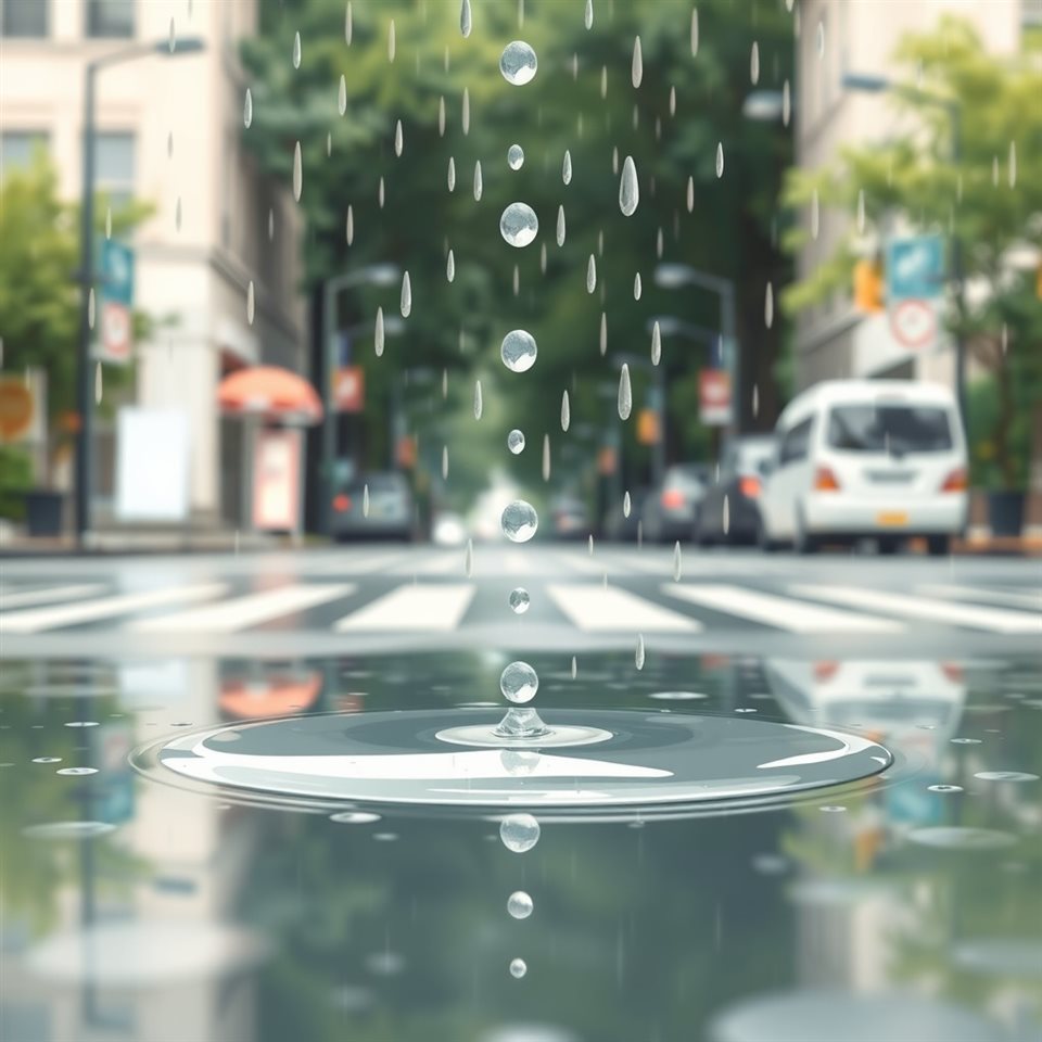 Minimal flat illustration of Raindrops falling onto a clear puddle on a street with blurred green foliage in the background, centered subject with a simple uncluttered composition, soft pastel colors, bright and cozy, 1:1 aspect ratio