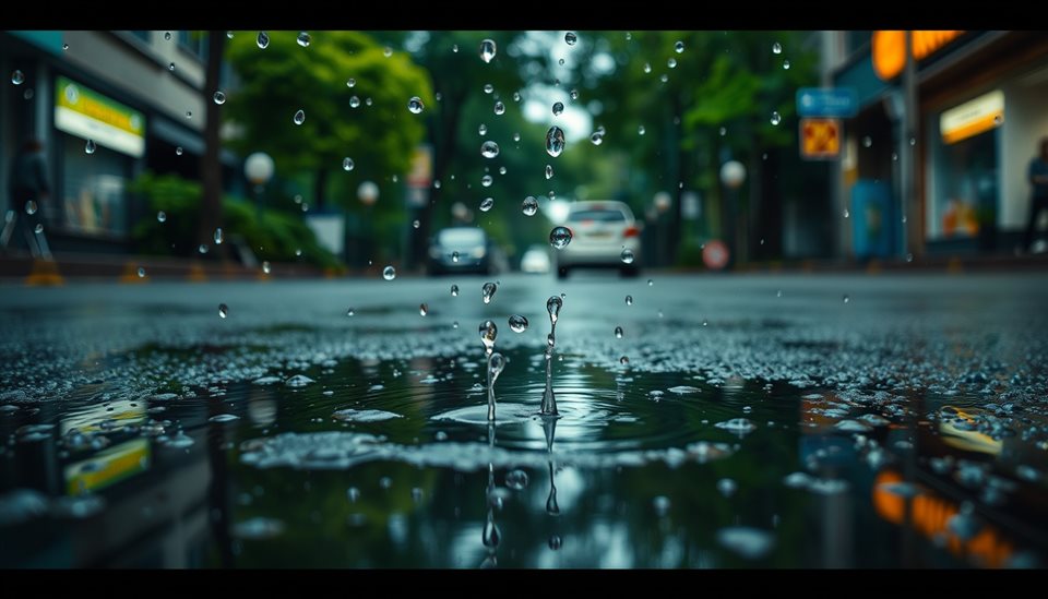Cinematic film still of Raindrops falling onto a clear puddle on a street with blurred green foliage in the background, high-angle view from above, vivid colors, high contrast, energetic, 16:9 aspect ratio