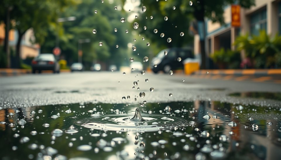 Photorealistic photo of Raindrops falling onto a clear puddle on a street with blurred green foliage in the background, wide shot with open space at the top for text, warm golden light, calm mood, 16:9 aspect ratio