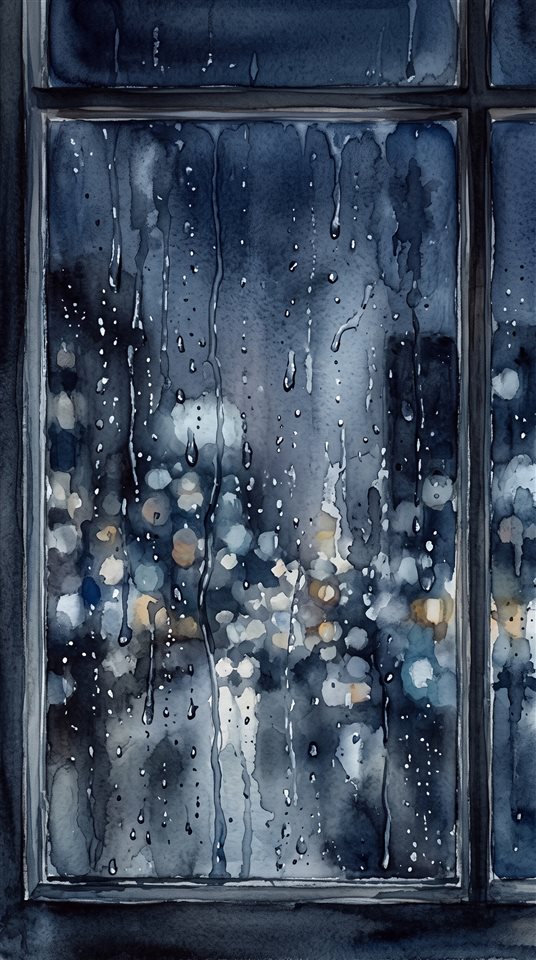 帶有模糊城市燈光的雨夜窗戶水彩插畫，採用簡單整潔構圖的置中主體，冷藍色調，寧靜氣氛，9:16比例