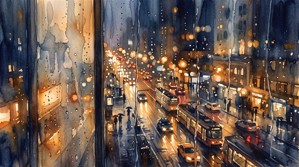 帶有模糊城市燈光的雨夜窗戶水彩插畫，高角度俯視視角，溫暖金黃色光芒，平靜氛圍，16:9比例