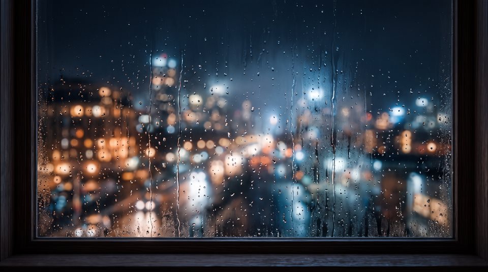 帶有模糊城市燈光的雨夜窗戶柔和3D渲染，採用簡單整潔構圖的置中主體，朦朧晨霧，夢幻，16:9比例