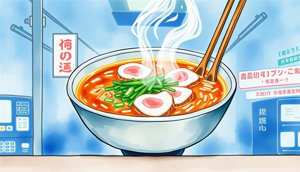 Watercolor illustration of A steaming bowl of delicious Japanese ramen with rich broth, sliced pork, and green onions, centered subject with a simple uncluttered composition, cool blue tones, quiet atmosphere, 16:9 aspect ratio