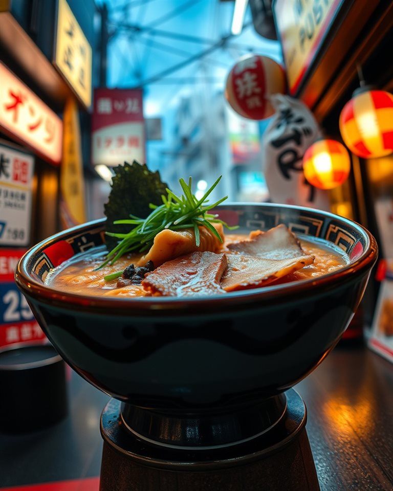 Cinematic film still of A steaming bowl of delicious Japanese ramen with rich broth, sliced pork, and green onions, wide shot with open space at the top for text, vivid colors, high contrast, energetic, 4:5 aspect ratio