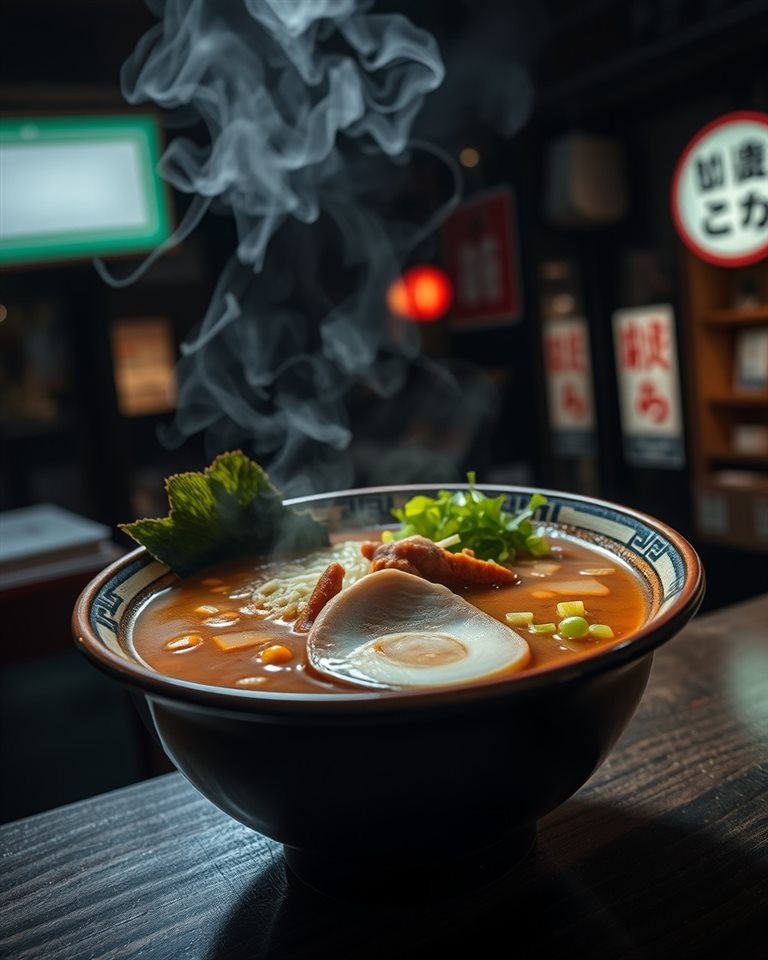 Photorealistic photo of A steaming bowl of delicious Japanese ramen with rich broth, sliced pork, and green onions, wide shot with open space at the top for text, moody dark tones, dramatic lighting, 4:5 aspect ratio