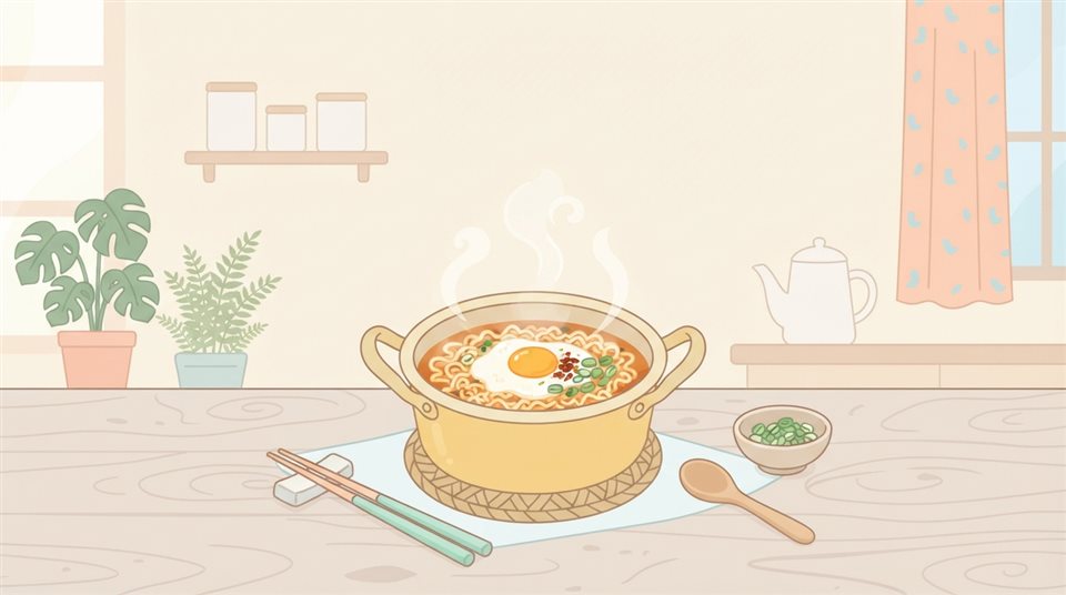 Minimal flat illustration of a steaming pot of Korean instant noodles with egg and green onion, wide shot with open space at the top for text, soft pastel colors, bright and cozy, 16:9 aspect ratio