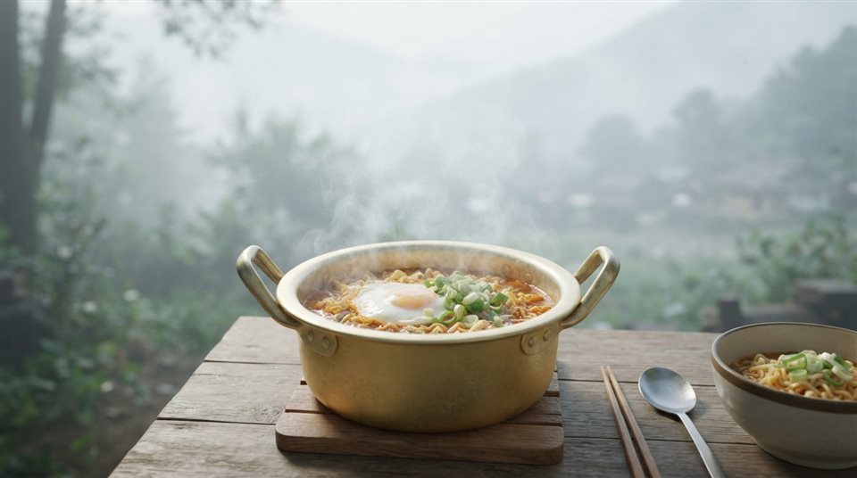 달걀과 파를 올린 김이 나는 라면 냄비, 부드러운 3D 렌더링, 위쪽에 글자 넣을 여백이 있는 넓은 구도, 아침 안개, 몽환적인 분위기, 16:9 비율