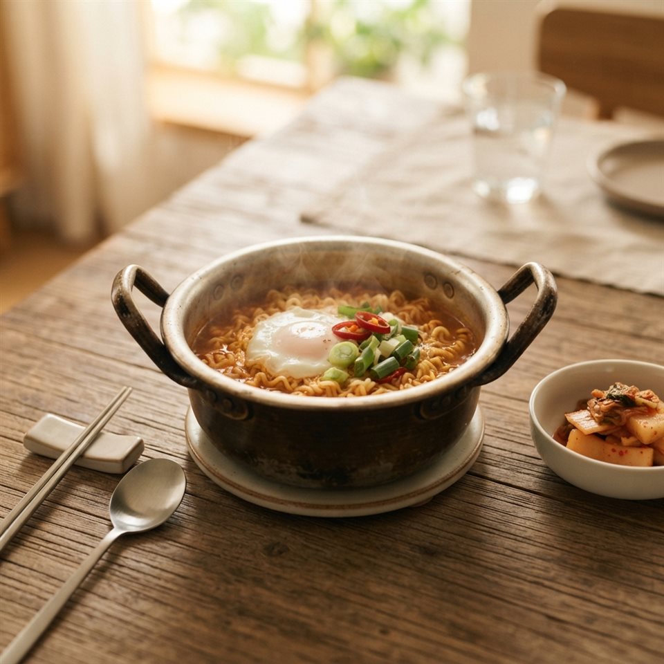 달걀과 파를 올린 김이 나는 라면 냄비, 사실적인 사진, 단순하고 깔끔한 구도 가운데 놓인 피사체, 따뜻한 황금빛, 차분한 분위기, 1:1 비율