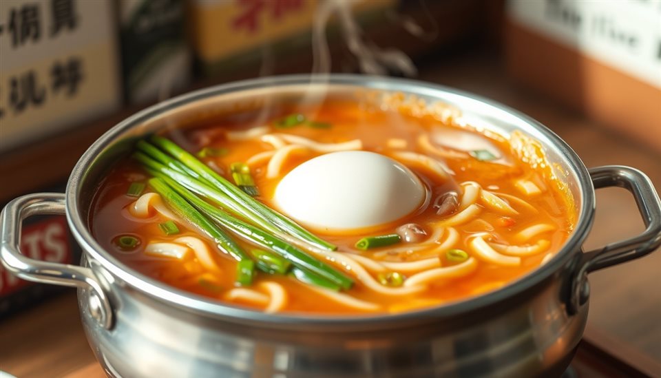 Minimal flat illustration of A steaming hot bowl of spicy noodle soup with green onions and a boiled egg in a traditional metal pot., close-up detail with shallow depth of field, soft pastel colors, bright and cozy, 16:9 aspect ratio