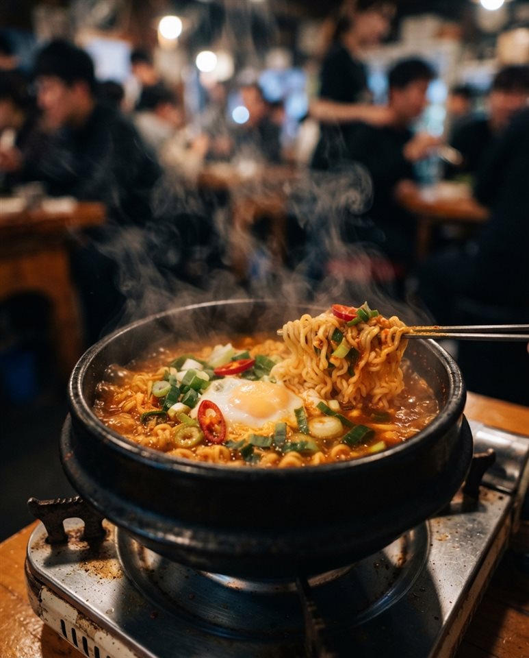 Cinematic film still of a steaming pot of Korean instant noodles with egg and green onion, close-up detail with shallow depth of field, vivid colors, high contrast, energetic, 4:5 aspect ratio