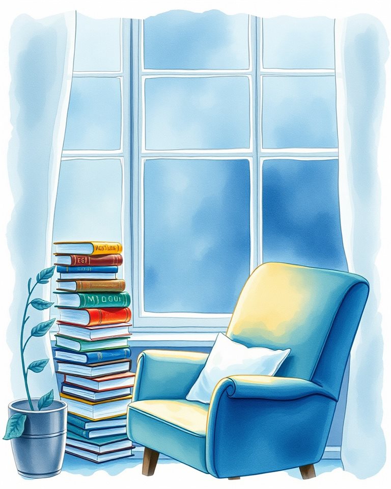 Watercolor illustration of A cozy corner by a window with a comfortable armchair, stacked books, and warm ambient light, close-up detail with shallow depth of field, cool blue tones, quiet atmosphere, 4:5 aspect ratio