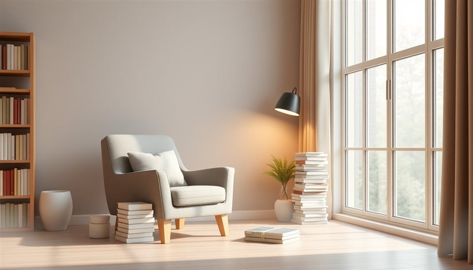 Soft 3D render of A cozy corner by a window with a comfortable armchair, stacked books, and warm ambient light, wide shot with open space at the top for text, misty morning haze, dreamy, 16:9 aspect ratio