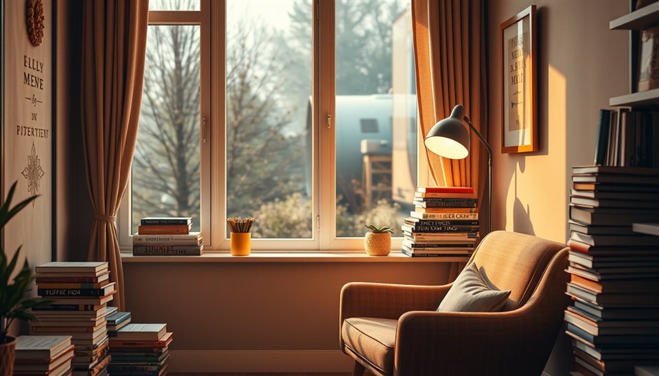 Photorealistic photo of A cozy corner by a window with a comfortable armchair, stacked books, and warm ambient light, wide shot with open space at the top for text, warm golden light, calm mood, 16:9 aspect ratio