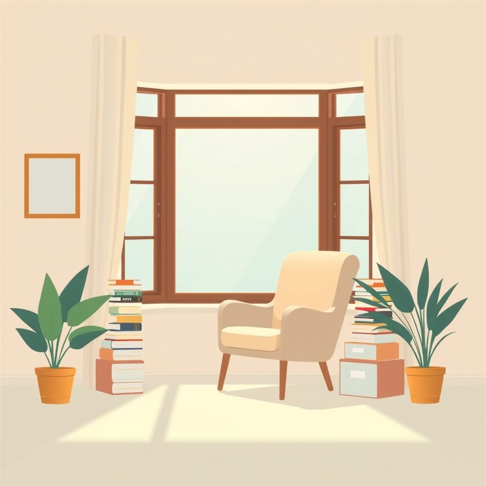 Minimal flat illustration of A cozy corner by a window with a comfortable armchair, stacked books, and warm ambient light, centered subject with a simple uncluttered composition, soft pastel colors, bright and cozy, 1:1 aspect ratio