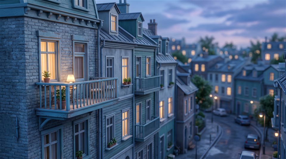 Renderização 3D suave de edifícios de apartamentos e casas na cidade, detalhe em close-up com baixa profundidade de campo, tons de azul frios, atmosfera tranquila, proporção 16:9