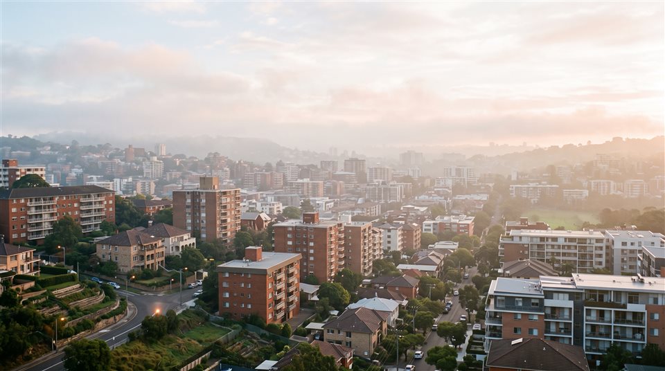 Fotografía fotorrealista de edificios de apartamentos y casas de la ciudad, plano general con espacio abierto en la parte superior para texto, neblina matutina, de ensueño, relación de aspecto 16:9