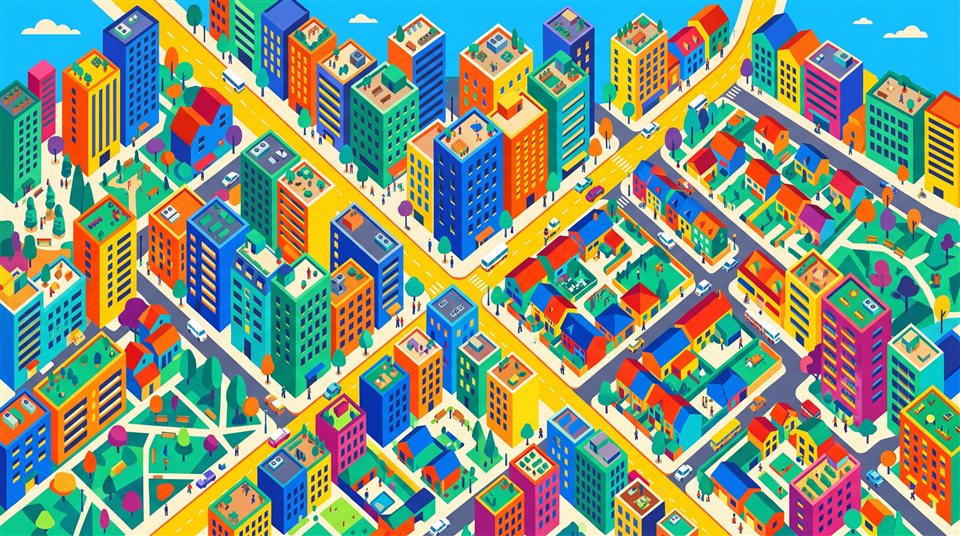 Ilustración plana minimalista de edificios de apartamentos y casas de la ciudad, vista en picado desde arriba, colores vivos, alto contraste, enérgico, relación de aspecto 16:9
