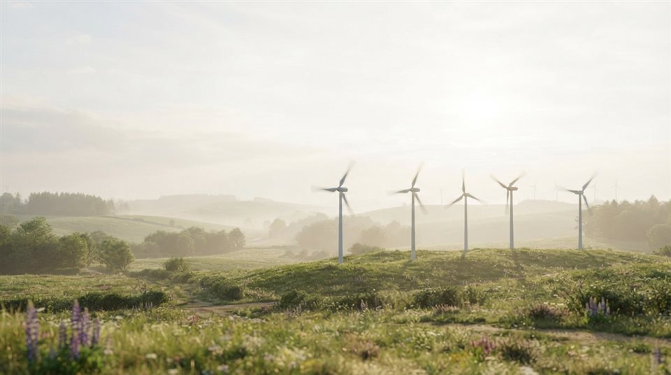 Soft 3D render of small wind turbine blades spinning under bright sunlight, wide shot with open space at the top for text, misty morning haze, dreamy, 16:9 aspect ratio