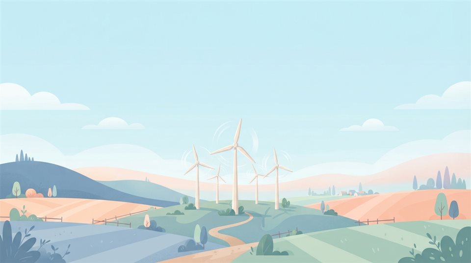 Minimal flat illustration of small wind turbine blades spinning under bright sunlight, wide shot with open space at the top for text, soft pastel colors, bright and cozy, 16:9 aspect ratio