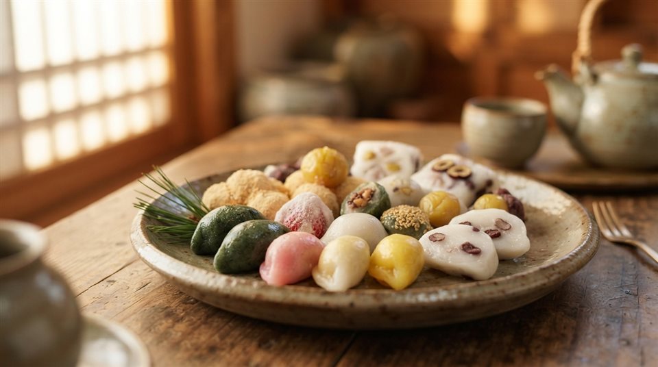 접시에 담긴 알록달록한 떡, 사실적인 사진, 가까이 담은 디테일, 얕은 심도, 따뜻한 황금빛, 차분한 분위기, 16:9 비율