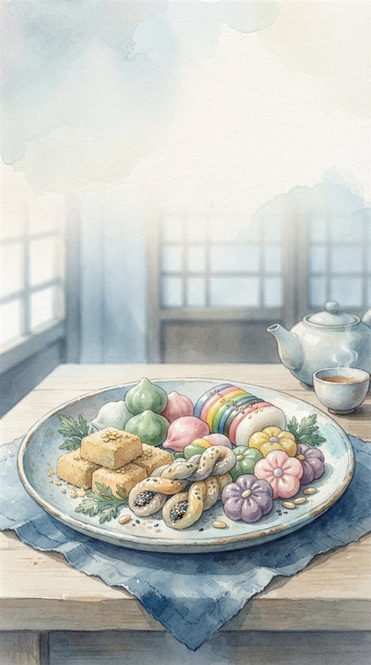 Watercolor illustration of assorted colorful Korean rice cakes on a plate, wide shot with open space at the top for text, cool blue tones, quiet atmosphere, 9:16 aspect ratio